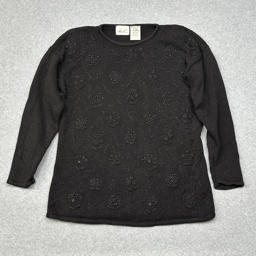 Kathy Lee Sweater Womens Large Black Beaded Knit Pullover Crewneck